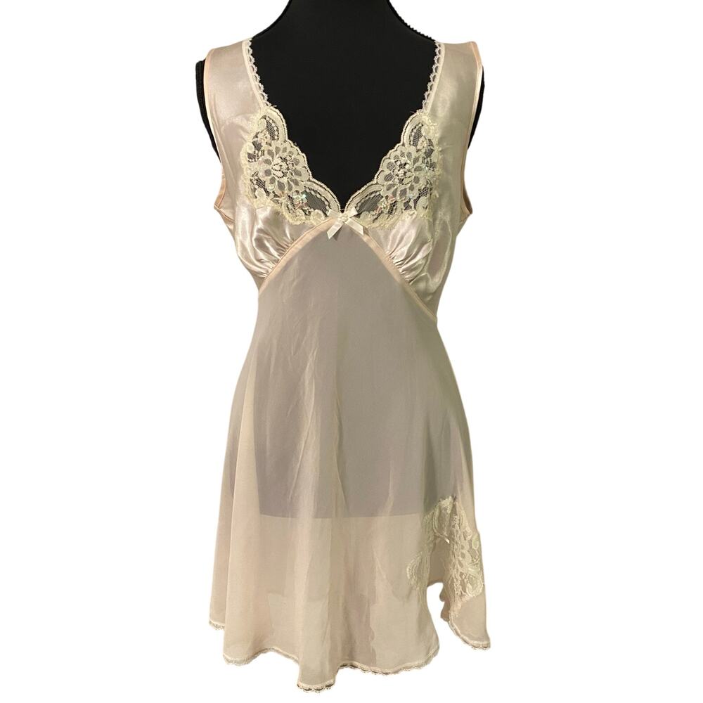 California Dynasty Sheer Babydoll Chemise Nightgown Pink Lace Beaded M Bridal